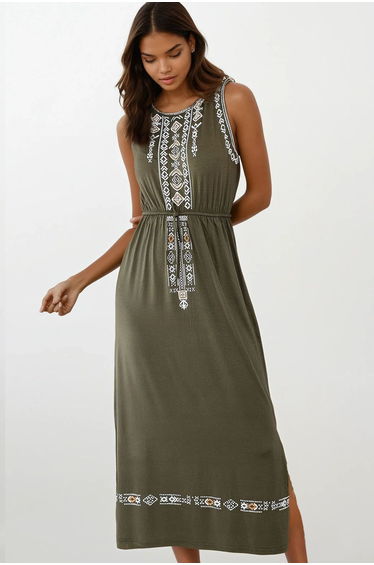 Women's Khaki Embroidery Printed Bohemian Dress