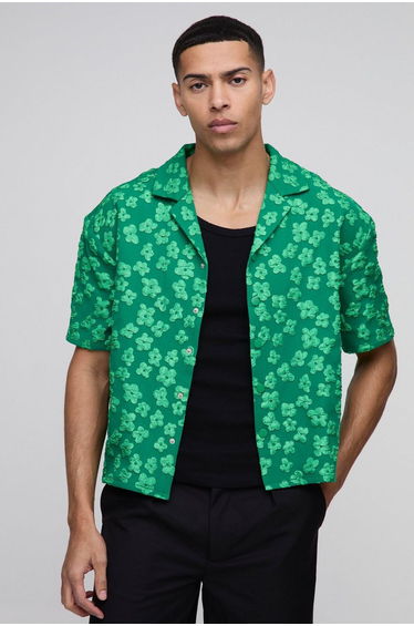 Oversized Boxy Jacquard Floral Shirt - green