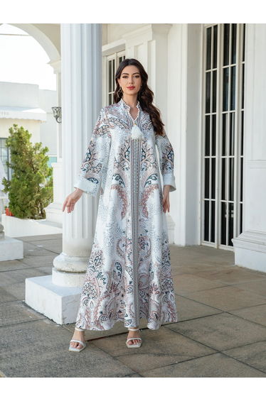Printed Embellished Faux Pearl Detail Jalabiya