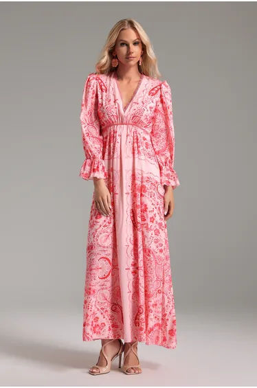 Printed Long Sleeve V-neck Lace-trimmed Silk Maxi Dress