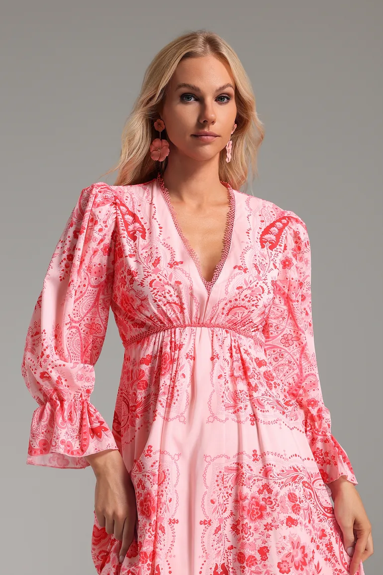 Printed Long Sleeve V-neck Lace-trimmed Silk Maxi Dress - 1