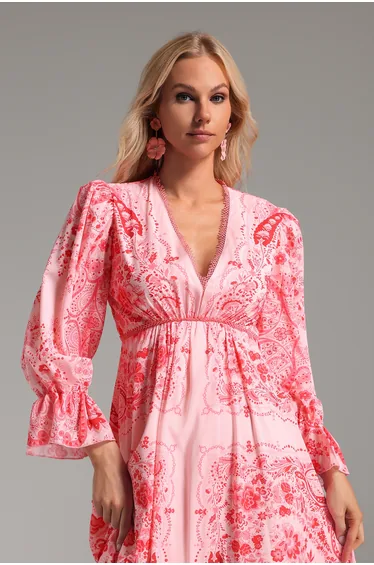 Printed Long Sleeve V-neck Lace-trimmed Silk Maxi Dress