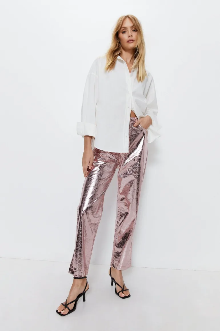 Crackle Faux Leather Straight Leg Trouser