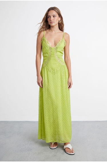 Dobby Chiffon Lace Cutwork Maxi Dress