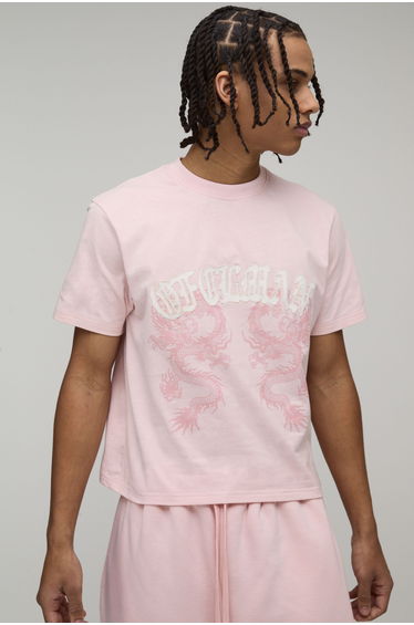 Shrunken Fit Ofclman Applique Dragon Washed T-Shirt - pink