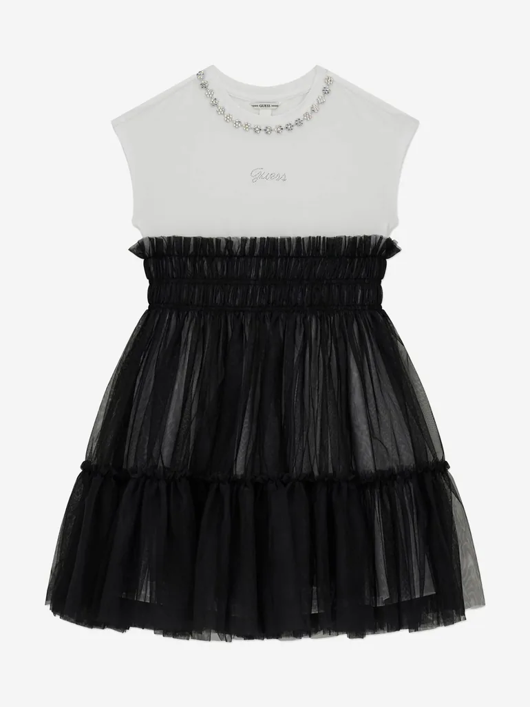 Guess Girls Mixed Fabric Dress in Black