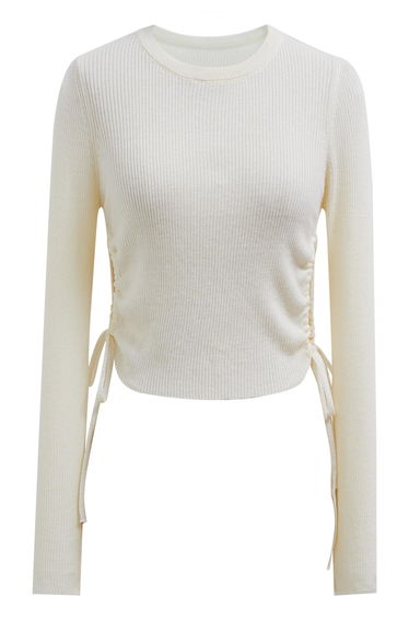 Side Drawstring Long Sleeves Crop Top in Cream