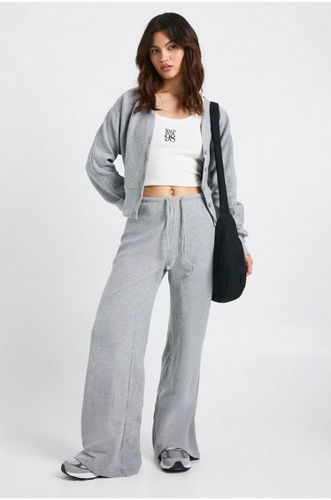 Brushed Rib Minimal Waistband Wide Leg Trouser - charcoal