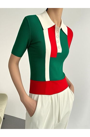 Short Sleeves Skinny Buttoned Contrast Color Lapel Polo-Style T-Shirts Tops
