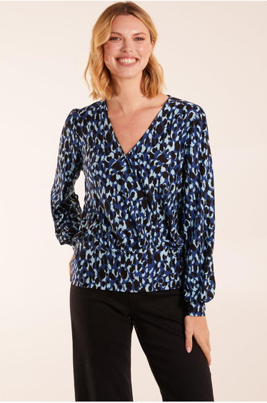 Leopard Print Wrap Front Geometric Deep Hem Band Top