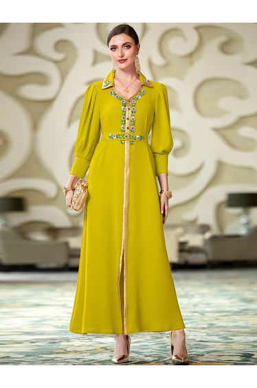 Women Yellow Embellished Open Collar Golden Trim Jalabiya