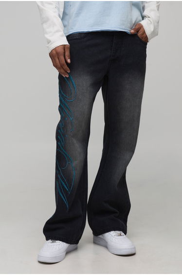 Straight Flare Official Embroidered Jeans - washed black