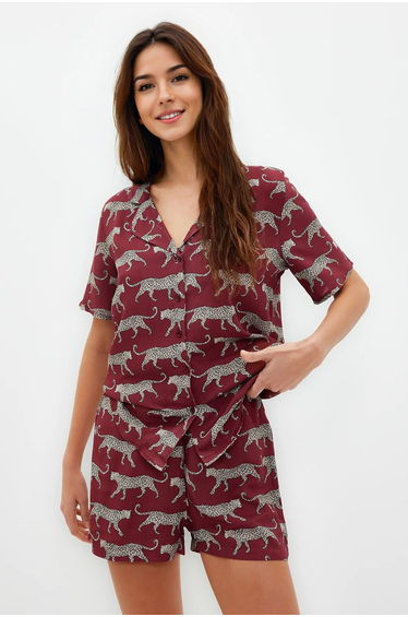Burgundy Patterned Viscose Shirt-Shorts Woven Pajama Set
