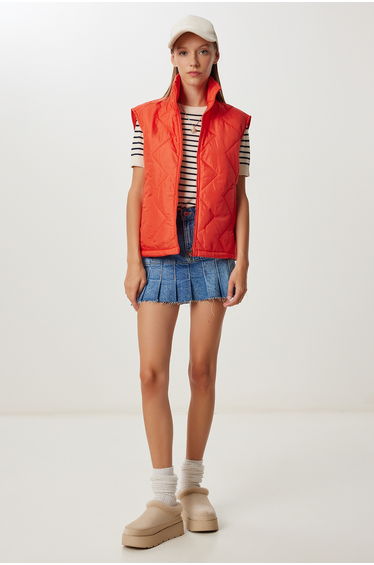Women's Orange Zippered Stand-Up Collar Puffer Vest