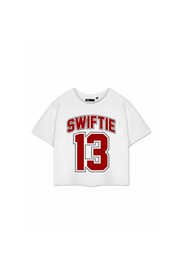 Show Me The Merch Womens/Ladies Swiftie 13 Cropped Short-Sleeved T-Shirt - White