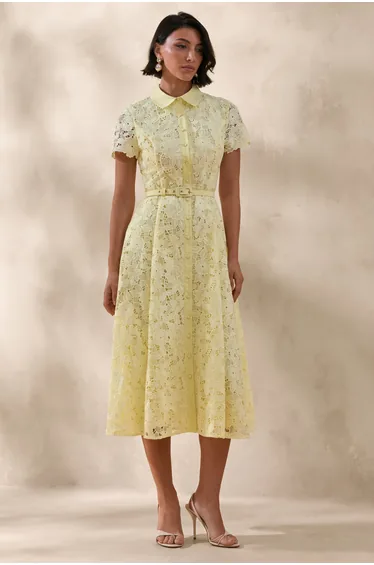 Zalie | Yellow Lace High-Neck Belted Midi Dress
