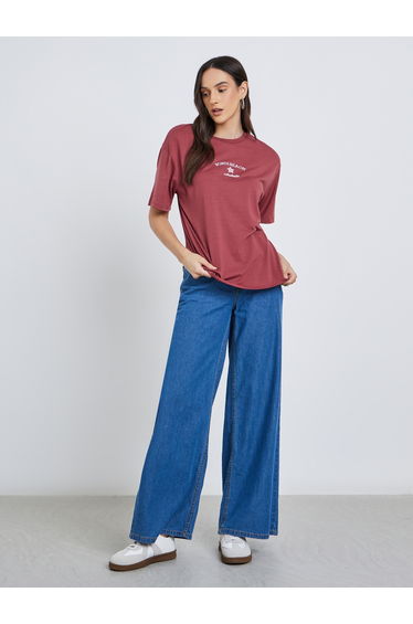 Women Red Bondi Beach Embroidered Oversized T-Shirt