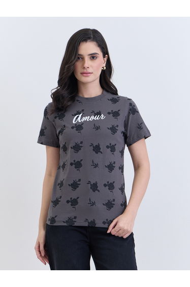 Women Charcoal Floral Graphic 100% Cotton T-Shirt