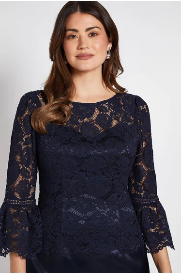 LACE RUFFLE SLEEVE PENCIL DRESS