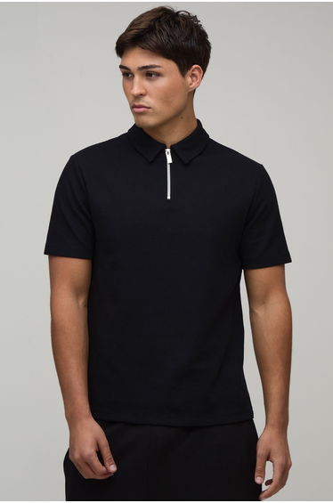 Slim 1/4 Zip Waffle Polo - black
