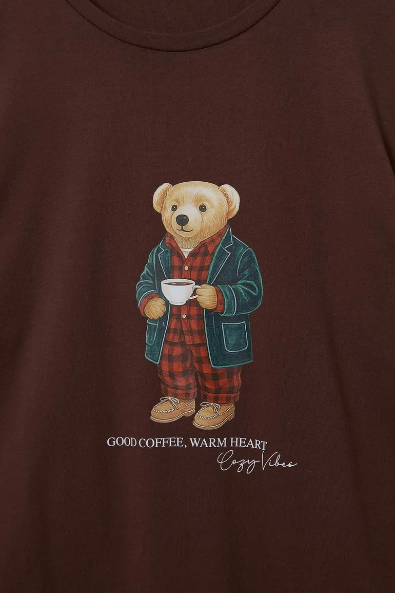 Brown Regular 100% Cotton Teddy Bear Patterned Knitted Pajama Set - 4