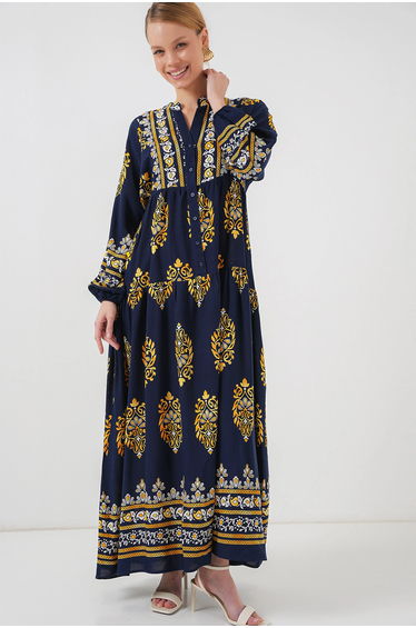 BDART Printed V-Neck Maxi Dress with Button Closure