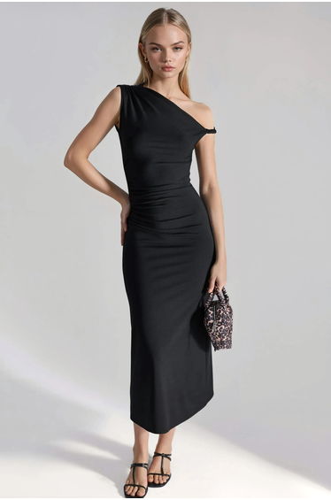 Asymmetrical Collar Bodycon Midi Dress