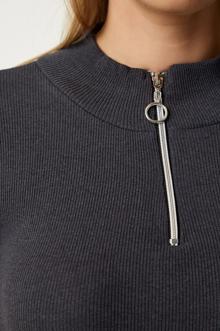 Women's Anthracite Zipper Collar Knitted Blouse - 4