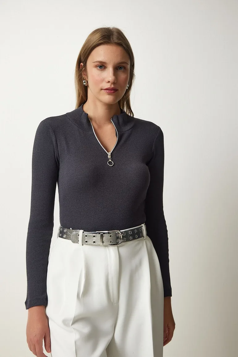 Women's Anthracite Zipper Collar Knitted Blouse - 2