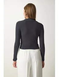 Women's Anthracite Zipper Collar Knitted Blouse - 3