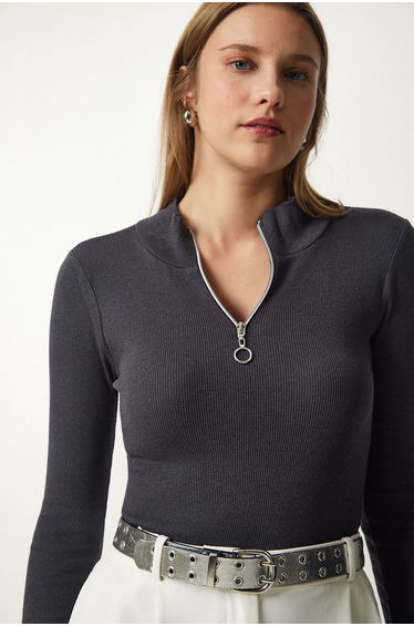 Women's Anthracite Zipper Collar Knitted Blouse