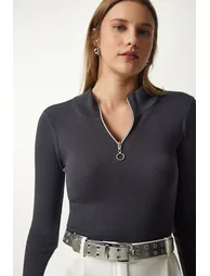 Women's Anthracite Zipper Collar Knitted Blouse