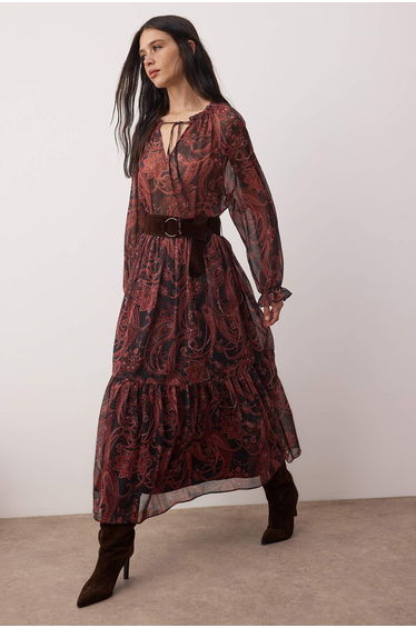 Multicolored shawl patterned suede belted maxi linen dress