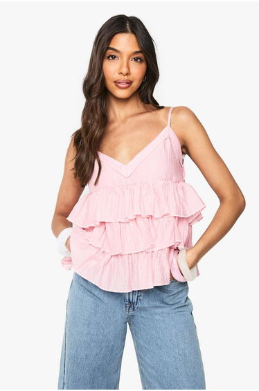Crinkle Ruffle Layered Cami - pink