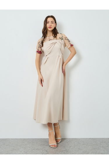 Women Beige Floral Embroidered Contrast Mesh Midi Dress