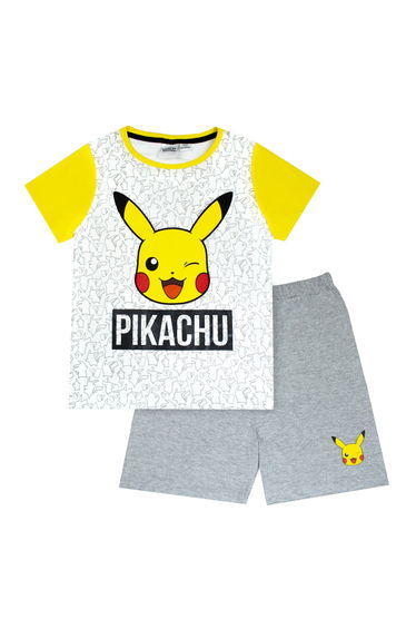Pokemon Boys Pikachu Face Short Pyjamas Set - Marl Grey/Yellow