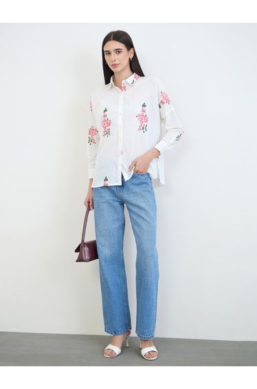 Off White Cotton Embroidered Shirt