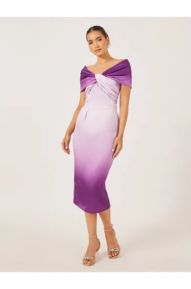 Front Knot Ombre Print Short Sleeves Sheath Midi Dress