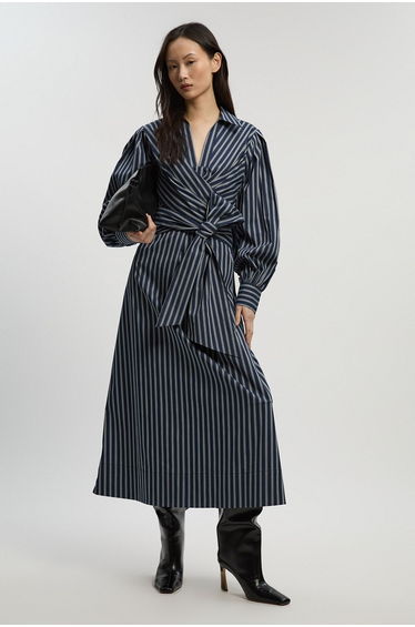 Stripe Cotton Poplin Drama Sleeve Woven Wrap Detail Shirt Dress