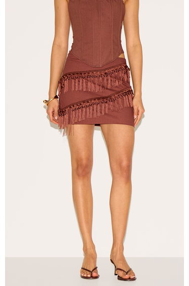 Chocolate Linen Tassle Detail Mini Skirt