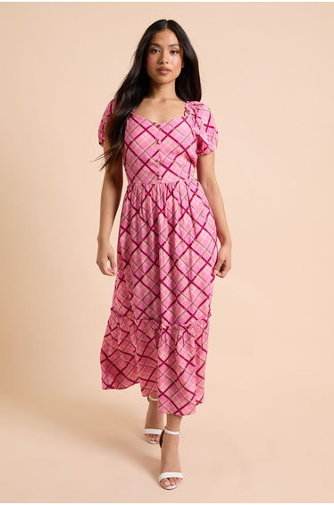 Petite Pink Check Button Front Frill Puff Sleeve Midi Dress