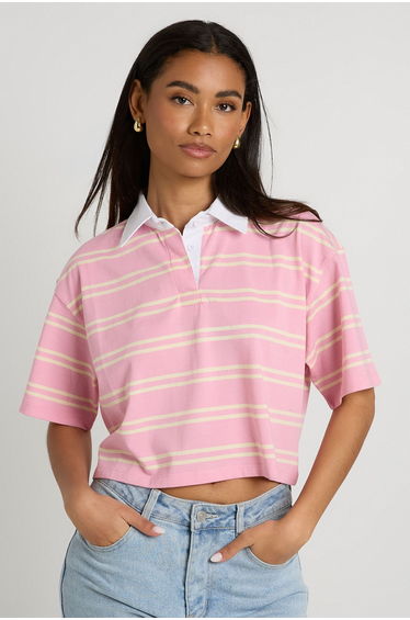 Stripe Cropped Short Sleeve Rugby Top - pink