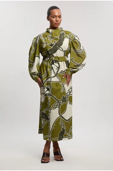 فستان بأكمام منفوخة بطبعة سلسلة - للمقاسات الكبيرة