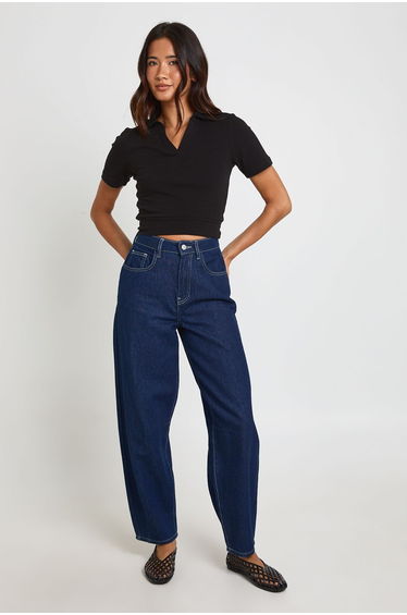 Heavy Cotton Collared V Neck Short Sleeve Top - black