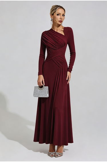 Rosaline Wine Red V-Neck Long Sleeve Dress