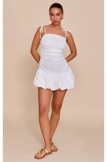 White Ruched Detail Strappy Puffball Dress