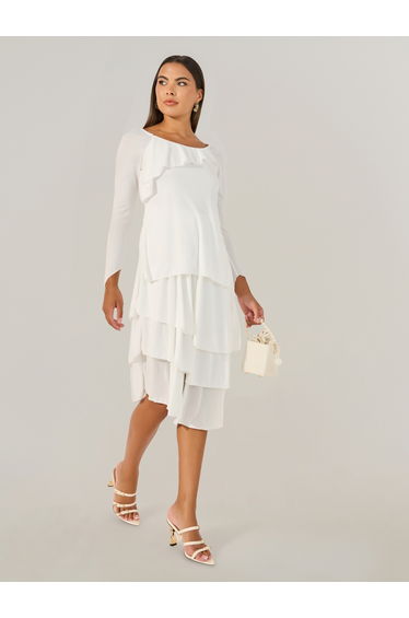 Plain Ruffle Trim Layered A-Line Midi Dress