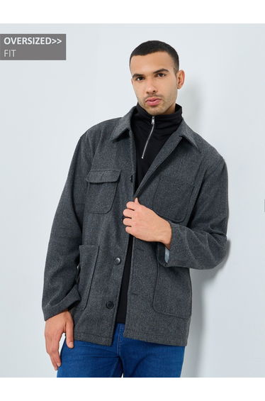 Men Grey Oversized Wool Like Coat