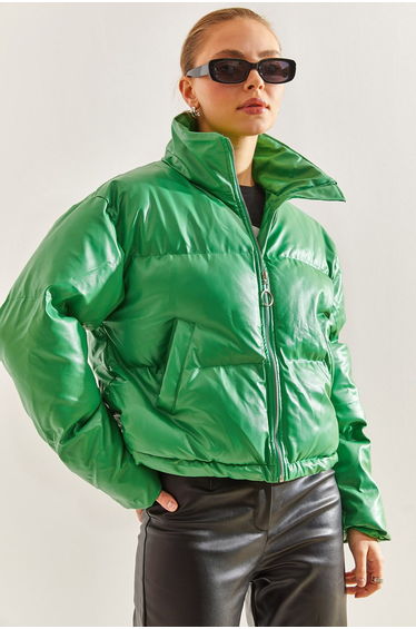 Women's Judge Collar Leather Puffer Coat