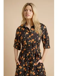 Black Floral Puff Sleeve Midi Shirt Dress - 3